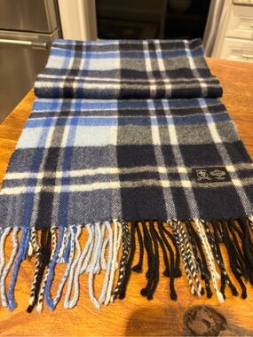 100% Cashmere Classic Plaid Wool Scarf in Light Blue & Navy